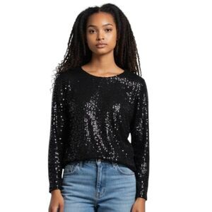 Halogen Black Sequin Blouse Long Sleeve Top Size 1X